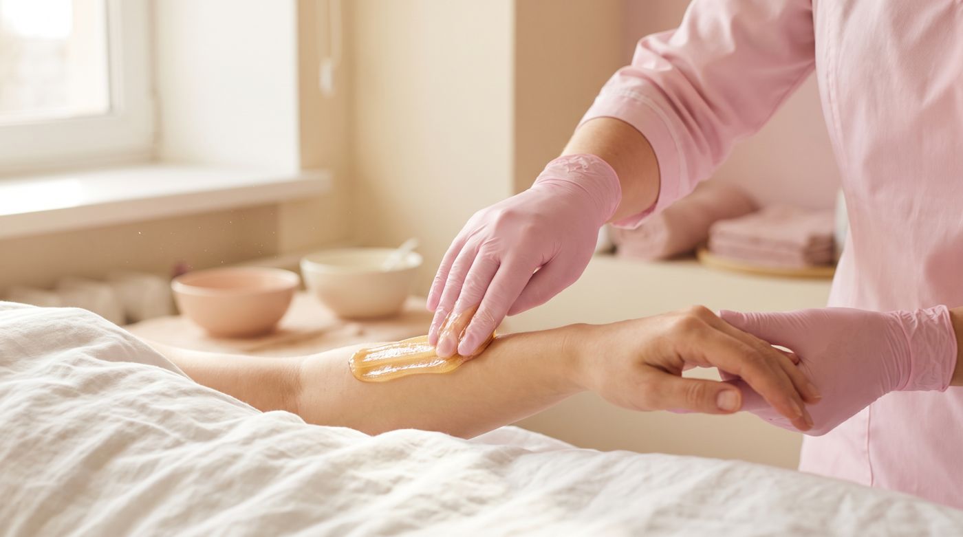 Sugaring a client’s forearm on the treatment bed
