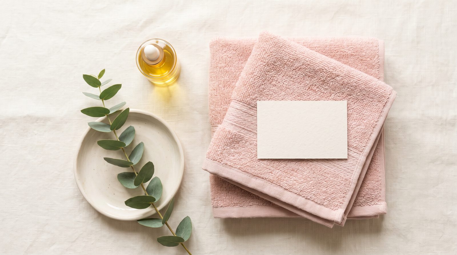 Blush-pink towels, body oil and eucalyptus